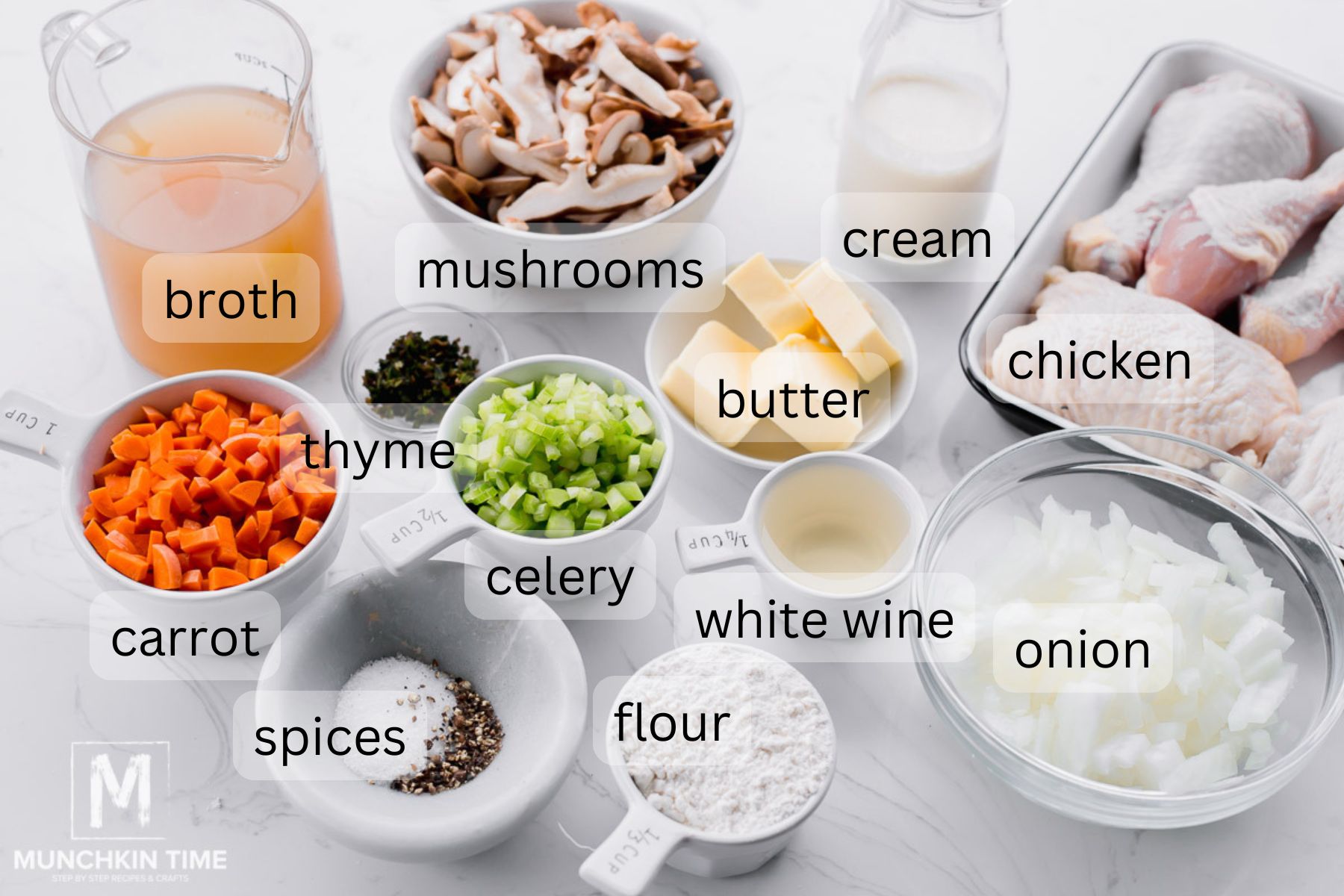 Chicken Fricassee ingredients on a table.