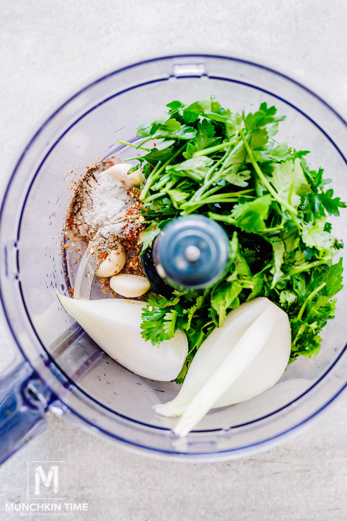 all ingredients for  Chimichurri Sauce inside the blender.