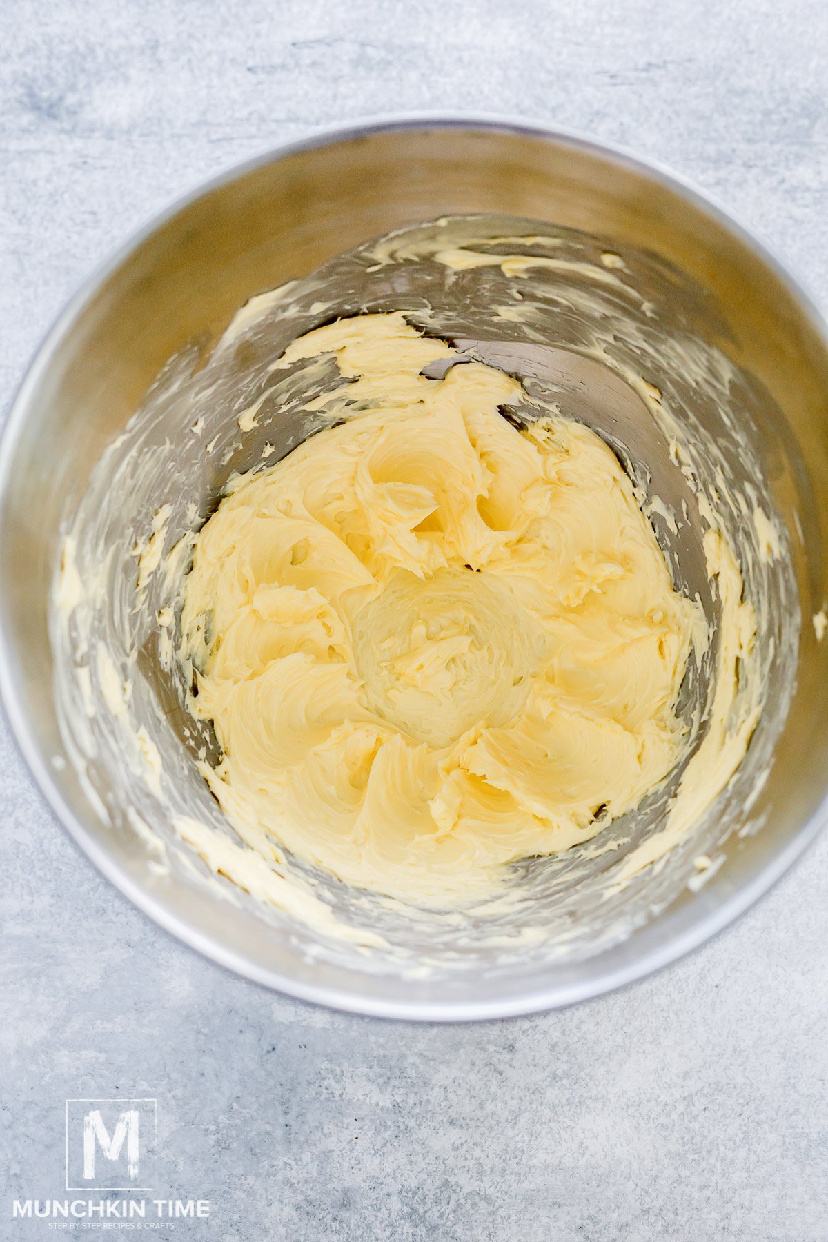 in the stand mixer bowl butter mixed until fluffy texture.