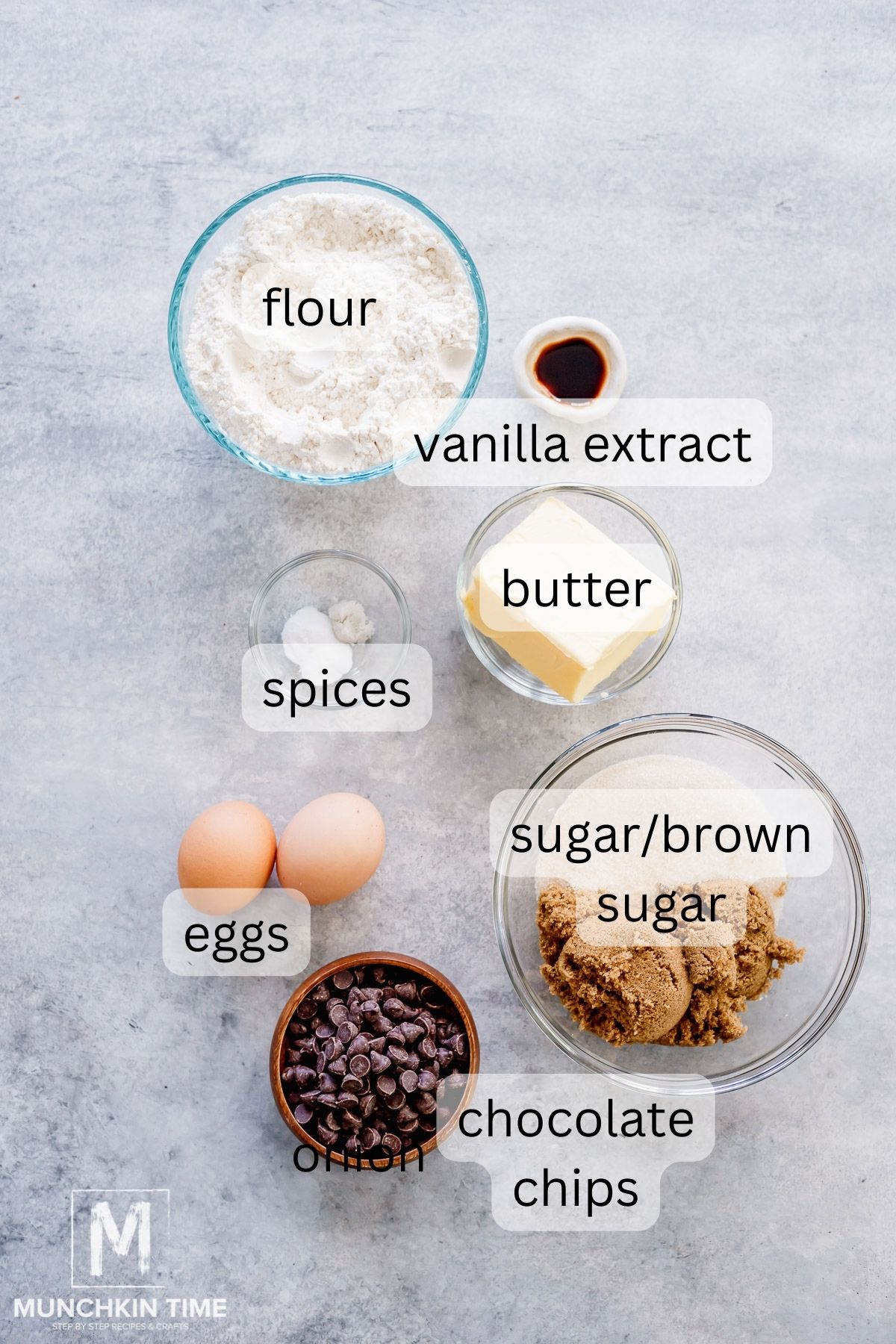 Ingredients Needed to make cookies on the table surface. 