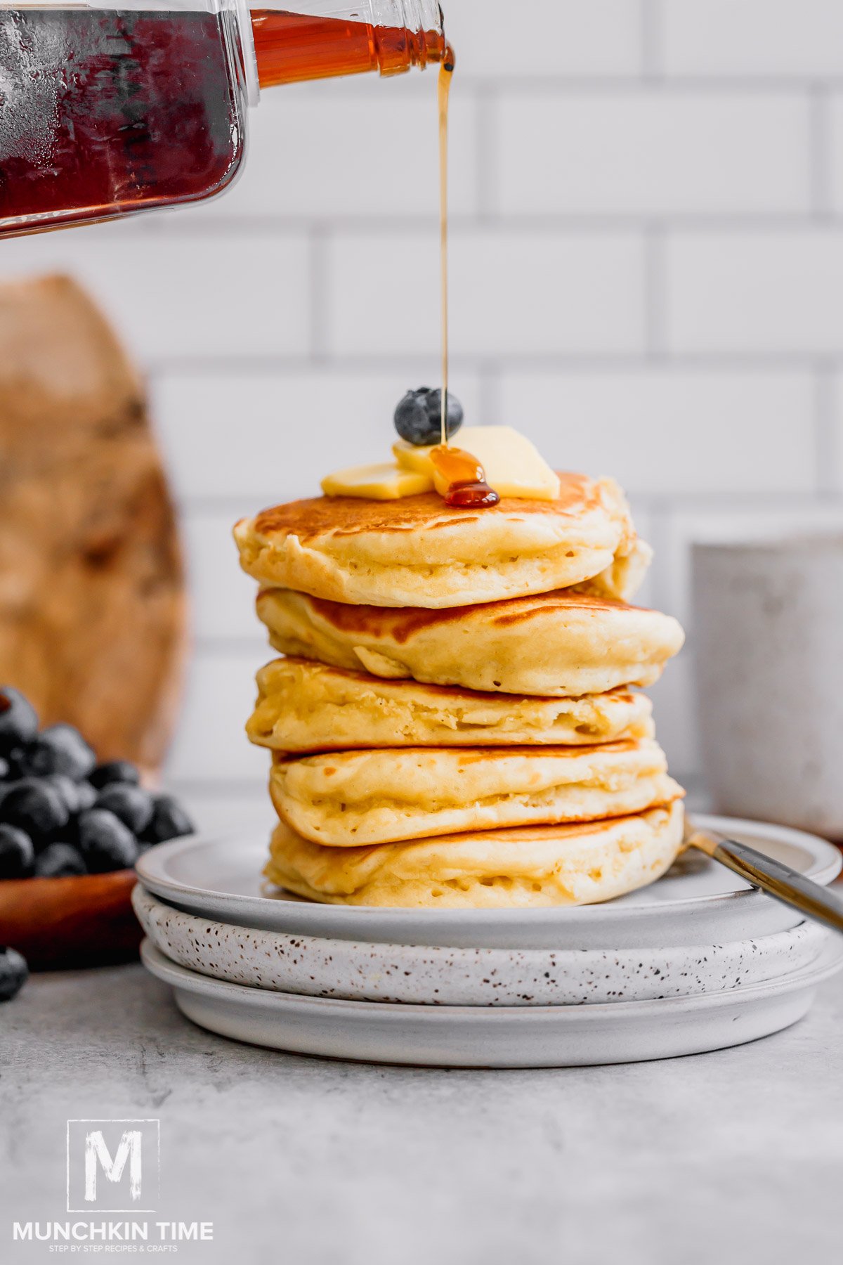 Fluffy Sourdough Discard Pancakes stack ready to be served.