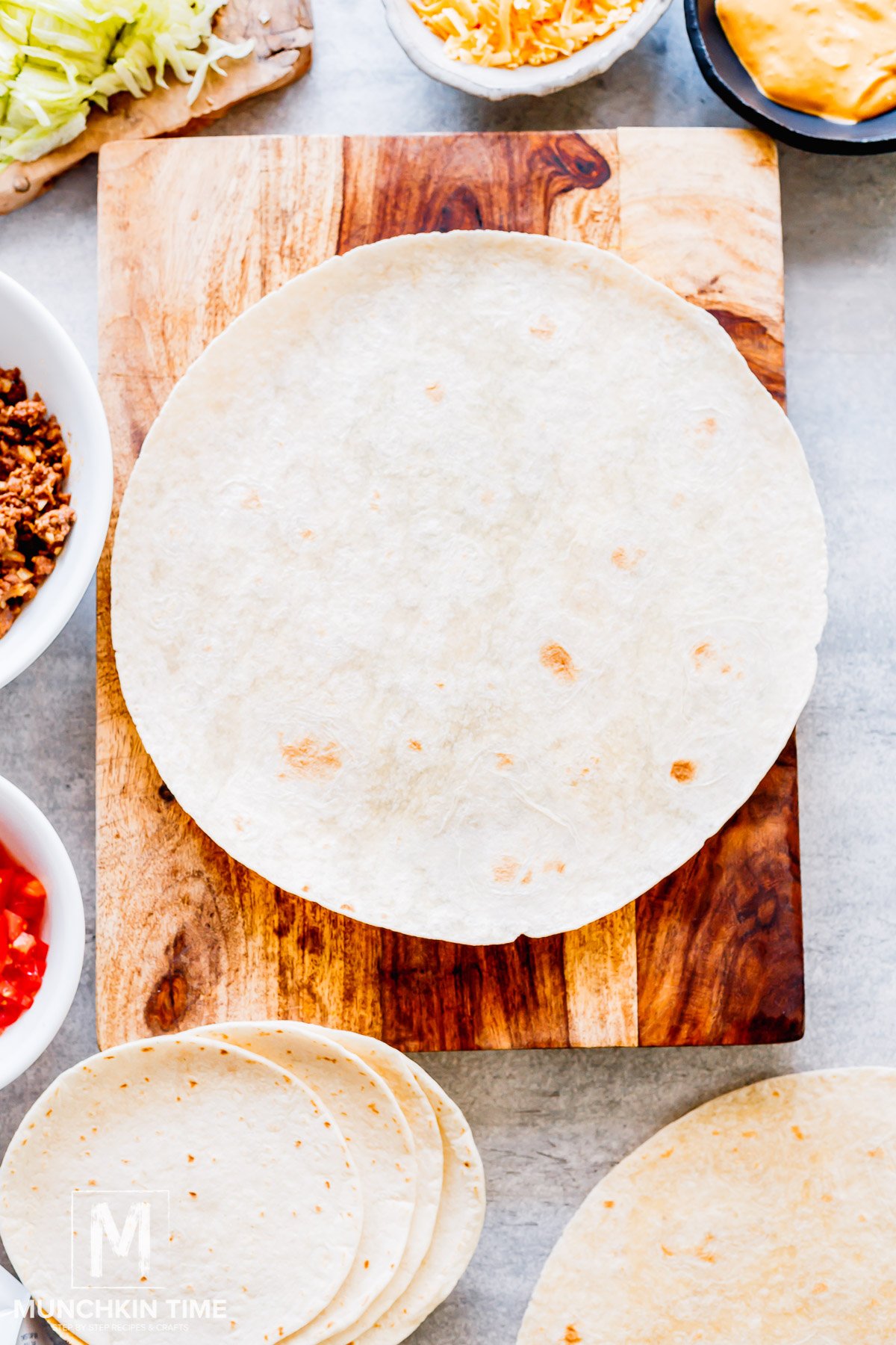 Tortilla on a cutting board.