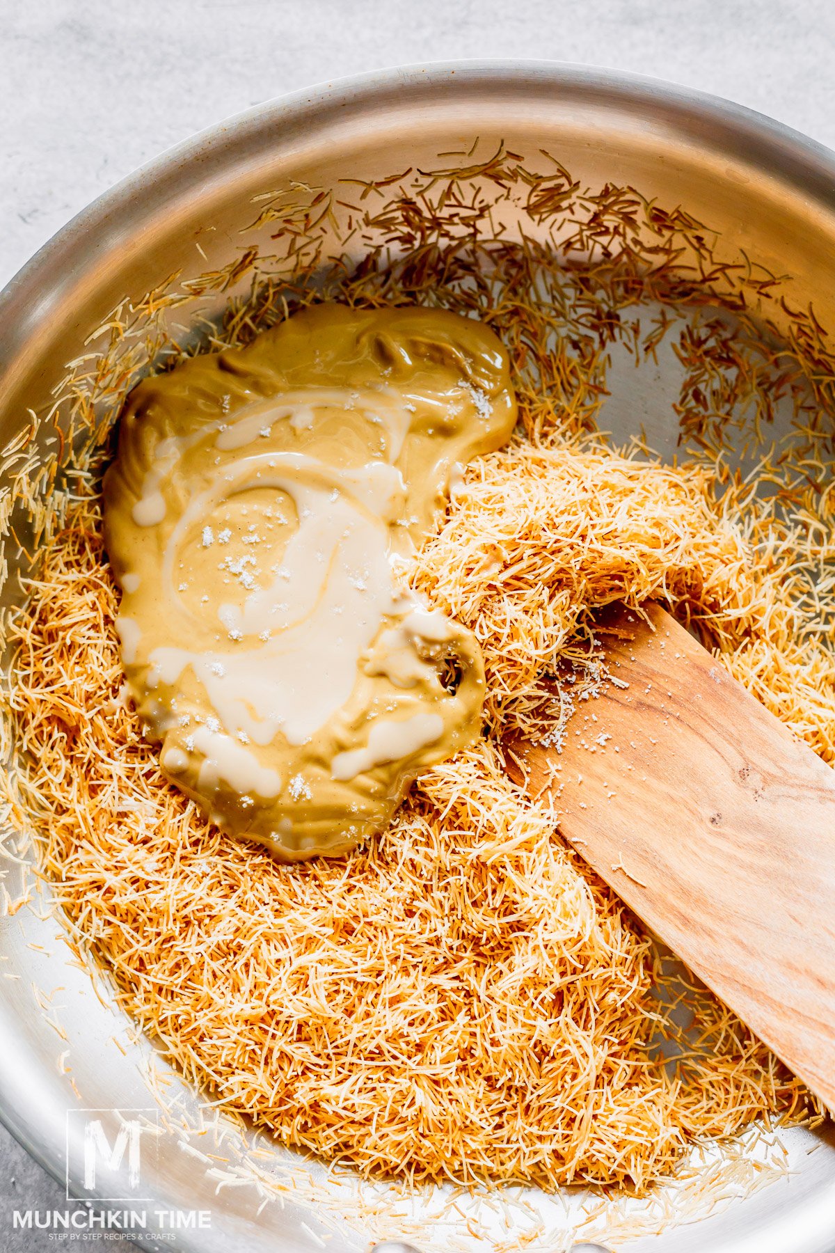 pistachio cream, tahini and sea salt added to the skillet.